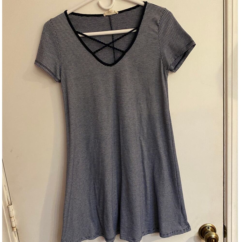 Rolla Costa Sz M Blue and White Knit Dress Strappy Neckline